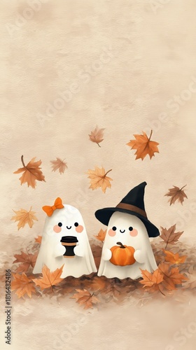 Cute ghosts celebrate autumn with pumpkin and coffee among falling leaves in a cozy setting