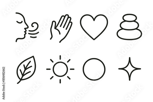 Emotional Grounding Icons. Emotional grounding elements linear icon set: deep breath wave, steady hand, heart symbol, calm stone, grounding leaf, soft glow, centered circle, gentle