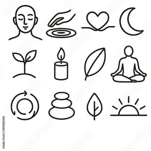 Mindfulness Icon Set. Inner Awareness linear icon set. calm face, open palm, water ripple, heart line, moon, plant sprout, candle, leaf outline, yoga posture, breath circle, stone