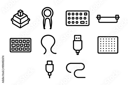 Keyboard Component Icons. Keyboard Components linear icon set: switch stem, keycap puller, PCB board, stabilizer bar, plate frame, cable, USB plug, sound-dampening pad