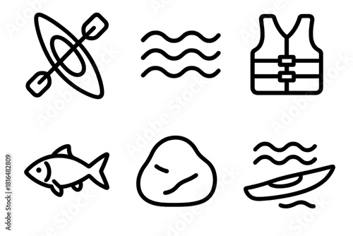 Kayak Adventure Icons. River Journey linear icon set. kayak, paddle, wave, life jacket, fish, rock