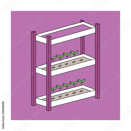 Isometric illustration of a vertical farm with seedlings growing on shelves, rendered in a clean, modern line art style, set against a purple background, isolated on