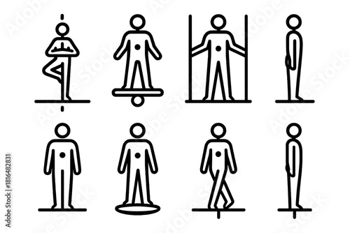 Yoga Balance Icons. Physical Balance linear icon set: yoga pose, balance board, stability bar, posture line, centered dot, grounded stance, alignment marker, steady step