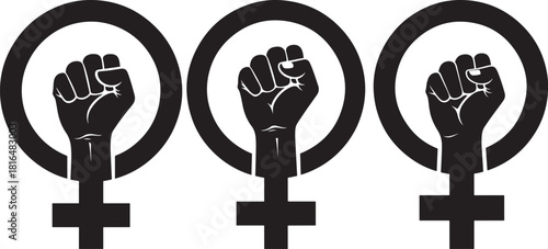 Three empowered female symbols with raised fists silhouette