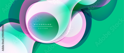 Abstract design features overlapping circles, vibrant colors. Turquoise background complements pink, purple hues. Modern, dynamic composition.
