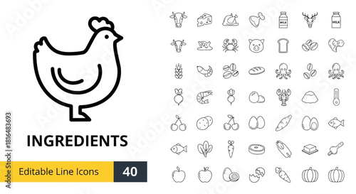 Ingredients Editable Line Icons Featuring Various Food Items and Produce