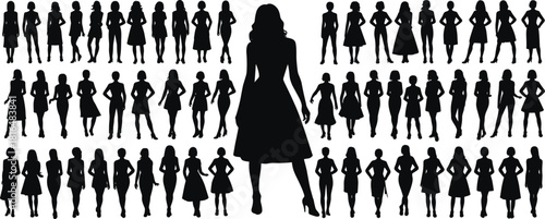 Massive woman silhouette collection, diverse female crowd and confident leader standing in various fashion poses.