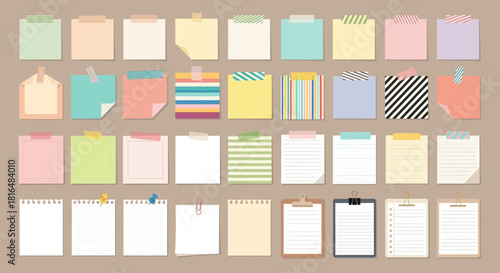 Collection of colorful sticky notes and memo paper squares with different patterns and designs