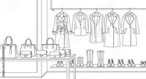 Line art illustration of a clothing store display with coats bags and shoes