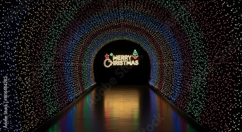 Festive christmas light tunnel with merry christmas sign glowing in the distance at the end