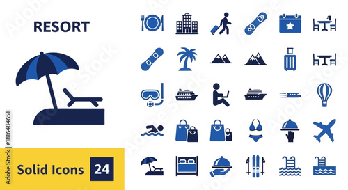 Resort and Vacation Icon Set Beach, Travel, Leisure, Activities, and Hotel Symbols for Design