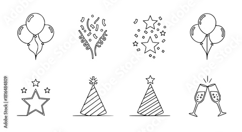 Vector icon set of party elements, including balloons, confetti, stars, party hats, and champagne glasses, minimal continuous line style, clean isolated design