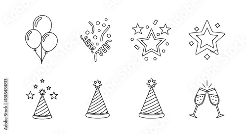 Vector icon set of party elements, including balloons, confetti, stars, party hats, and champagne glasses, minimal continuous line style, clean isolated design