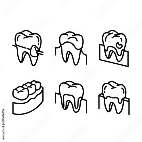 Set of dental treatment icons simple line art vector illustration for dentistry isolated on white ba