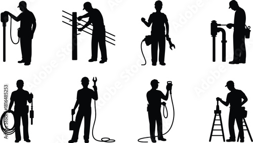 Electrician, plumber, and utility technician worker silhouette set, featuring men with tools, wiring, pipes, ladder, and diagnostic equipment vector graphics for service.