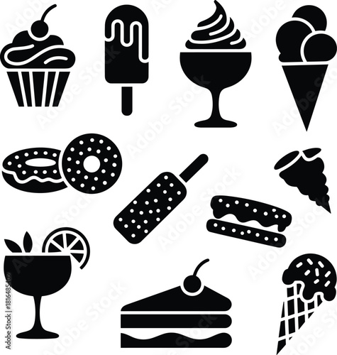 Sweet dessert and ice cream silhouette set, bakery icons, donut, cake, popsicle, and frozen treat vector graphics.
