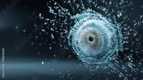 Ultra-detailed depiction of shattered glass effect from high-speed projectile impact, showcasing intricate patterns and textures on a dark background.