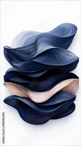 A close-up, top-down studio shot of an abstract sculpture made of layered, wavy strips of paper. The sculpture features shades of navy blue and a single beige l