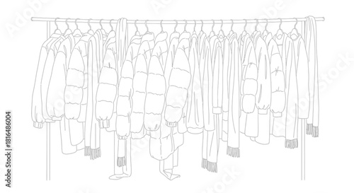 Line art illustration of winter coats and scarves hanging on a clothing rack