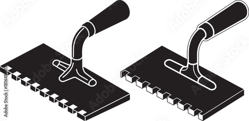 Two black trowel tools with serrated edges in silhouette