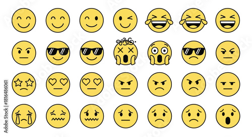 A comprehensive collection of expressive yellow emoji icons, featuring a diverse range of emotions and facial expressions suitable for digital communication and design projects