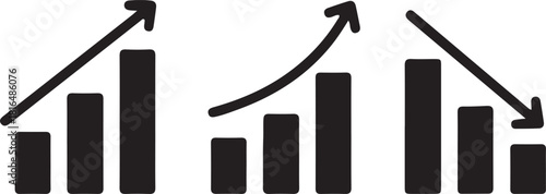 Business and financial data analysis with bar graphs depicting upward progress, steady growth, accelerating improvement, and downward decline trends