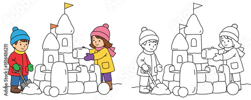 Cute boy and girl building large snow castle with shovel in winter vector illustration set with colorful and black and white outline for coloring book page.