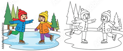Cute boy and girl ice skating on frozen pond in winter vector illustration set with colorful and black and white outline for coloring book page.