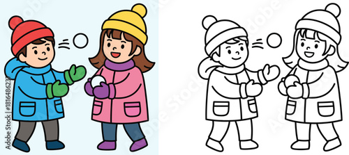 Cute boy and girl playing snowball fight in winter season vector illustration set with colorful and black and white outline for coloring book page.