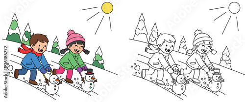 Cute boy and girl rolling snowballs to make snowmen in winter vector illustration set with colorful and black and white outline for coloring book page.