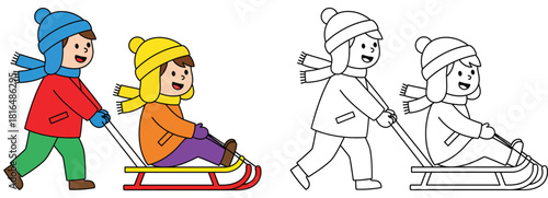 Cute cartoon children playing with sled in winter vector illustration set with colorful and black and white outline for coloring book page.