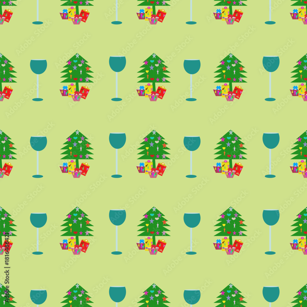 Fototapeta premium A festive seamless vector pattern featuring stylized Christmas trees, gift boxes, and decorative wreaths on a bright blue background.