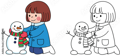 Cute little girl putting scarf on snowman in winter vector illustration set with colorful and black and white outline for coloring book page.