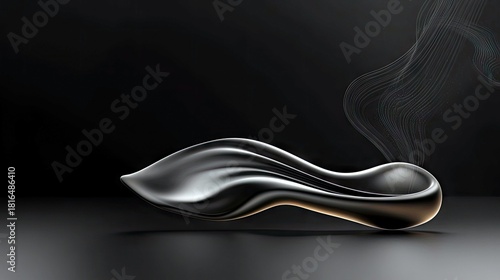 A sleek, metallic, abstract sculpture with flowing lines, emitting wisps of smoke against a dark, minimalist background with subtle lighting.