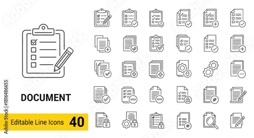 Sleek Line Art Document and File Management Icons - Editable Vector Set for Business, Office, and Digital Interface Design Elements and Applications