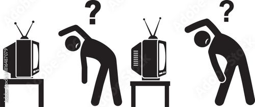Confused figures stretching near vintage televisions with question marks silhouette