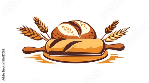 Artisan bakery logo with bread and rolling pin illustration