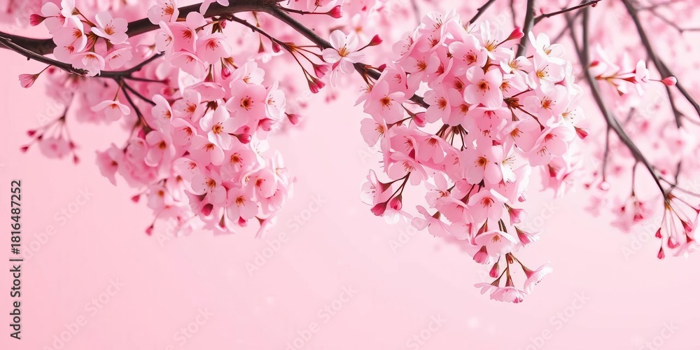 Fototapeta premium Soft pink cherry blossoms falling on a pastel pink background, sakura, illustration