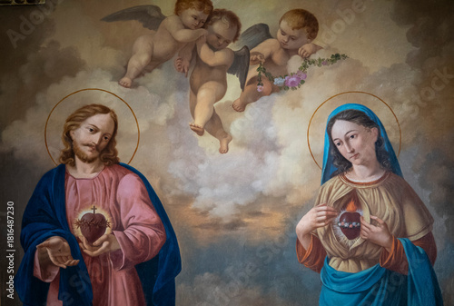 Canvas Print Painting (19th century) of Sacred Heart of Jesus and Mary.