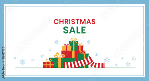 Christmas sale advertisement with gifts and scarf on a light blue background