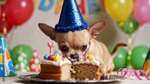 Cute Chihuahua With Birthday Hat Eating Cake