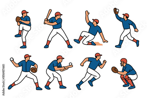 Cartoon baseball players in action poses with equipment