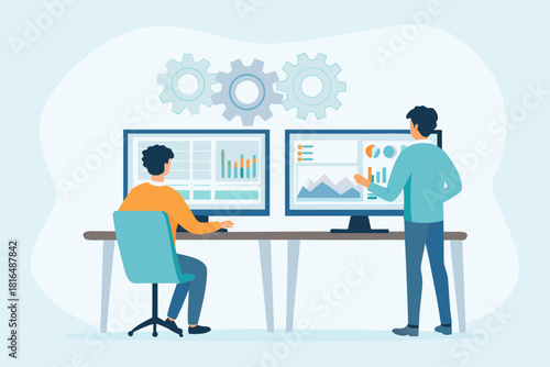 Business analytics team analyzing data on multiple computer screens