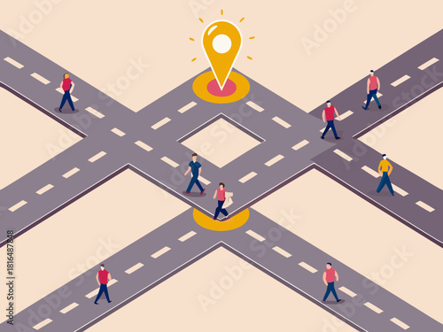 People walking on roads towards a central location pin illustration