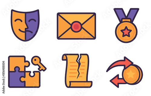 Collection of colorful icons: theater mask, envelope, medal, puzzle, scroll, currency exchange