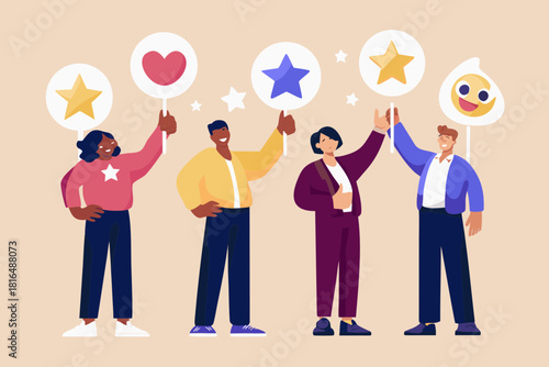 Diverse group holding signs with stars heart and emoji for feedback