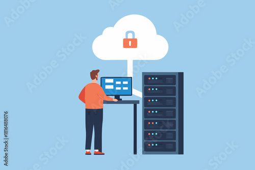 Cloud computing security illustration with man server racks and padlock