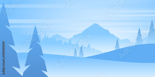 Winter panoramic background, snowy landscape with hills and pine trees