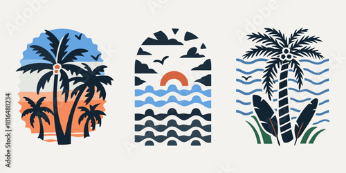 Tropical island illustrations with palm trees sunset and ocean waves in arched frames