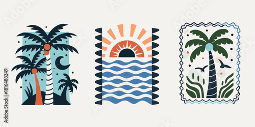 Set of three abstract summer vacation themed graphic illustrations